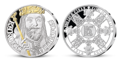 Karel IV. na stříbrné medaili zušlechtěné ryzím zlatem 