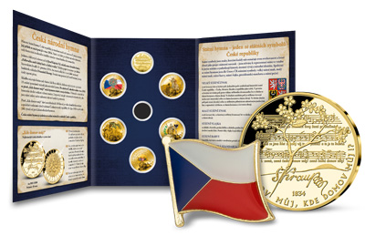 Jako součást sbírky obdržíte ZDARMA numismatické album, odznak s českou vlajkou a pamětní medaili Česká hymna zušlechtěnou ryzím zlatem