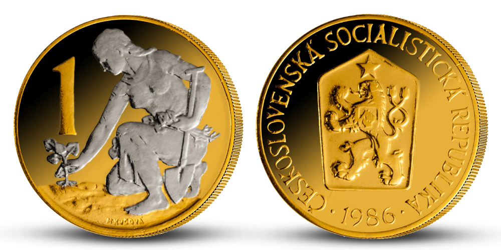 1 Kčs z let 1961-1990 mince zušlechtěná ryzím zlatem a rhodiem