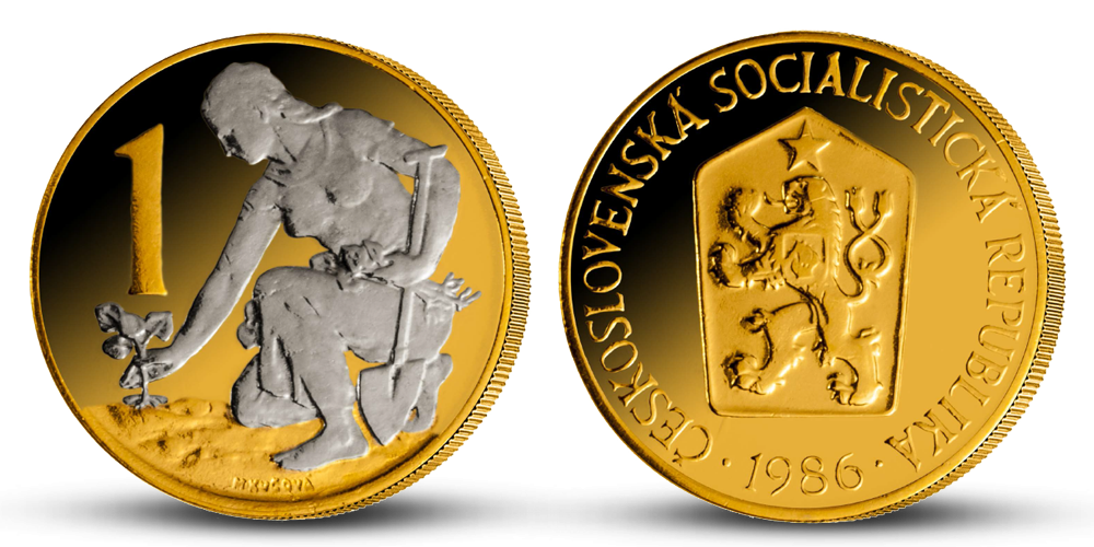 1 Kčs z let 1961-1990 mince zušlechtěná ryzím zlatem a rhodiem 1 Kčs z let 1961-1990 mince zušlechtěná ryzím zlatem a rhodiem