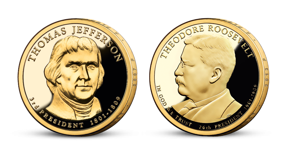 Prezidenstské dolary T. Jefferson a T. Roosevelt