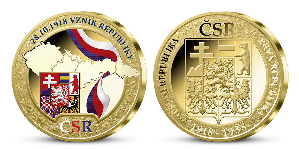 Medaile Vznik republiky zušlechtěná ryzím zlatem a precizně kolorovaná