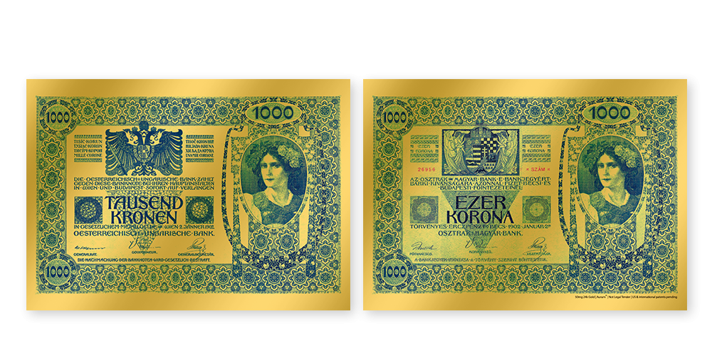 Zlatá replika slavné bankovky 1000 K z roku 1902 z ryzího zlata 999/1000