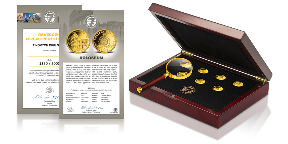   Příslušenství zdarma - dřevěný box, numismatická lupa, certifikát autentičnosti a osvědčení o vlastnictví sbirky