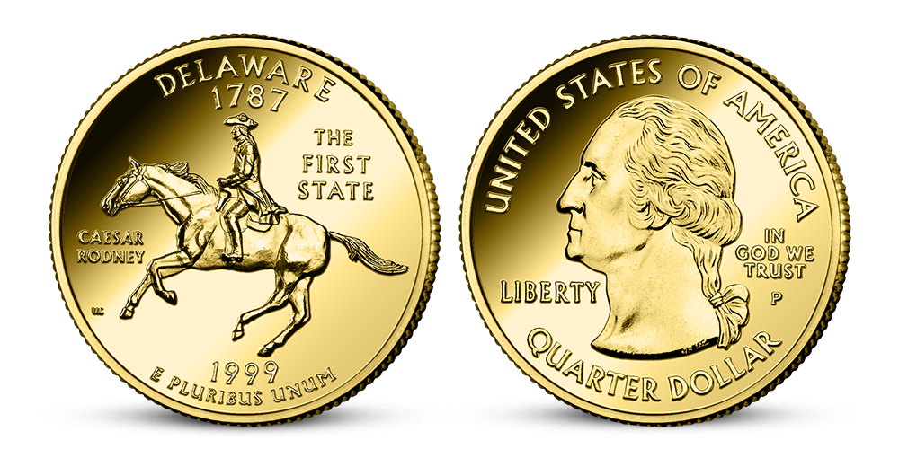 Delaware - čtvrtdolarová mince zušlechtěna ryzím zlatem z kolekce USA Quarters