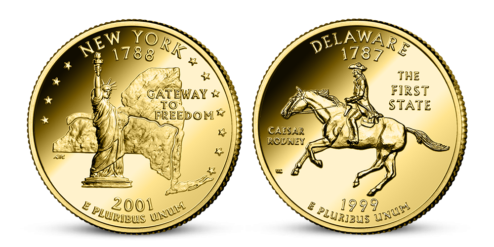 New York a Delaware - čtvrtdolarové mince zušlechtěné ryzím zlatem z kolekce USA Quarters New York a Delaware - čtvrtdolarové mince zušlechtěné ryzím zlatem z kolekce USA Quarters