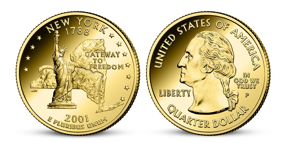 New York - čtvrtdolarová mince zušlechtěna ryzím zlatem z kolekce USA Quarters