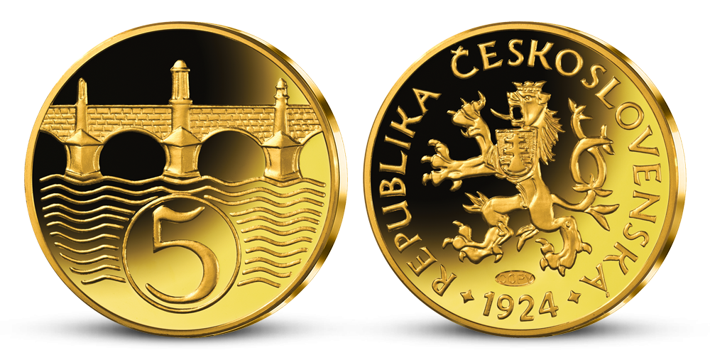 Nejvýznamnější české mince - Pětihaléř z roku 1924 zušlechtěný zlatem