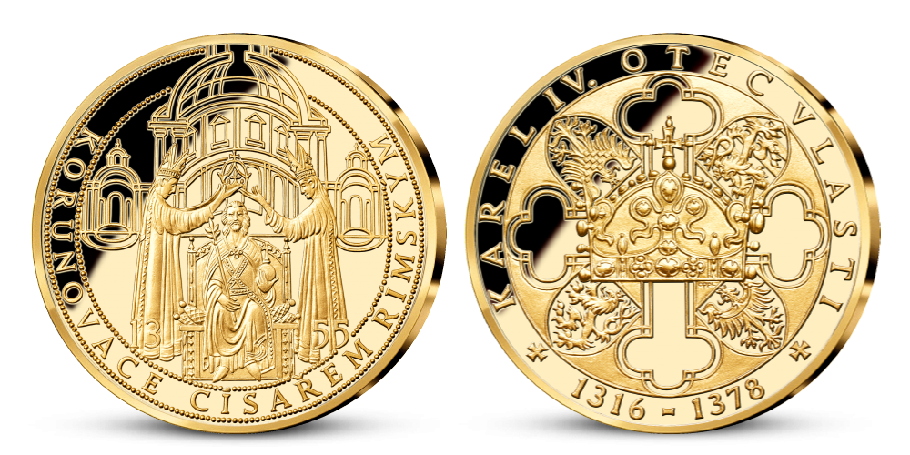 Život Karla IV. na pamětních medailích zušlechtěných ryzím zlatem - Korunovace Karla IV. římským císařem
