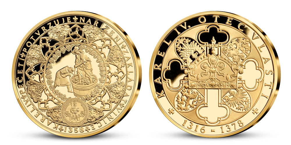 Život Karla IV. na pamětních medailích zušlechtěných ryzím zlatem - Vinařství za Karla IV.
