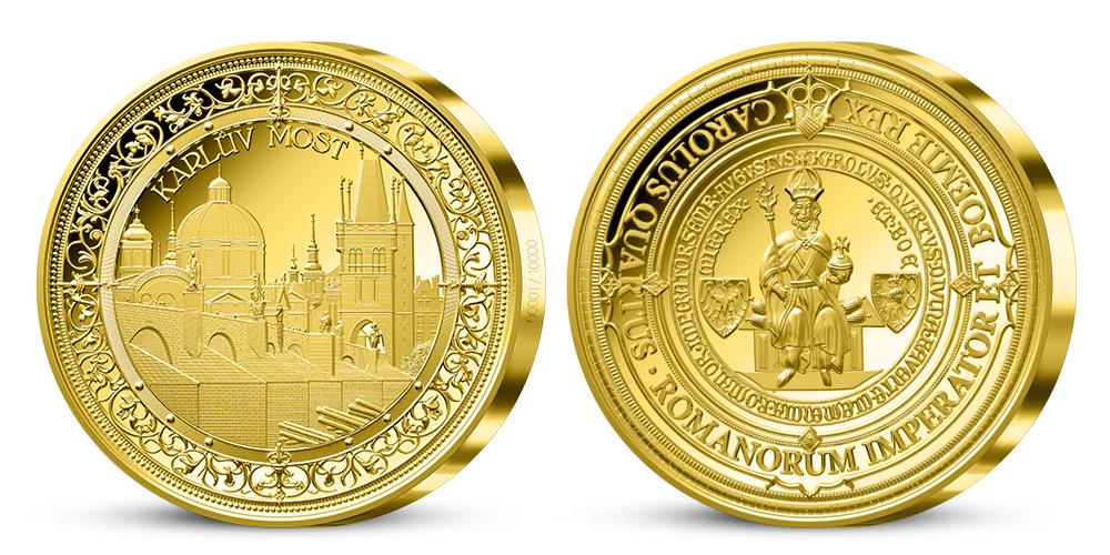 Pamětní medaile Karlův most s průměrem 50 mm a zušlechtá ryzím zlatem 999/1000 