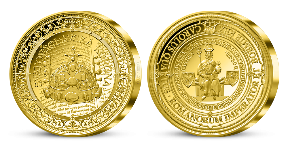 Pamětní medaile Svatováclavská koruna s průměrem 50 mm a zušlechtá ryzím zlatem 999/1000 