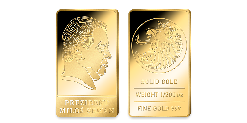 Prezident Miloš Zeman na cihličce z ryzího zlata 999/1000