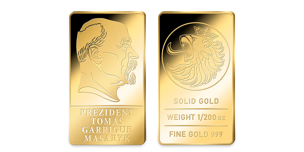 Prezident T. G. Masaryk na cihličce z ryzího zlata 999/1000
