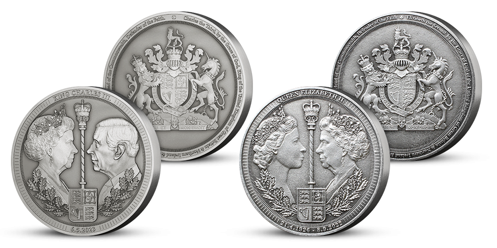 Sada pamětních medailí královna Alžběta II. a král Karel III. zušlechtěných ryzím stříbrem