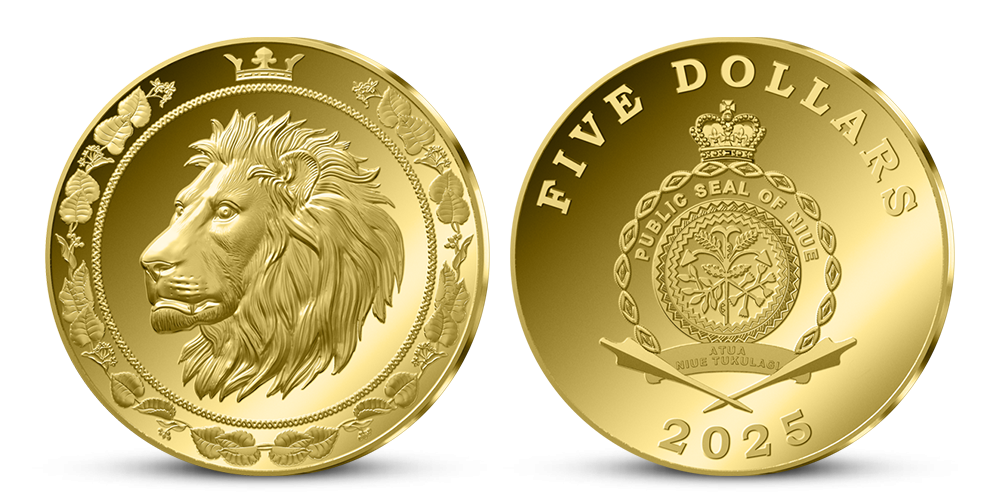 Lev na minci z ryzího zlata 999/1000