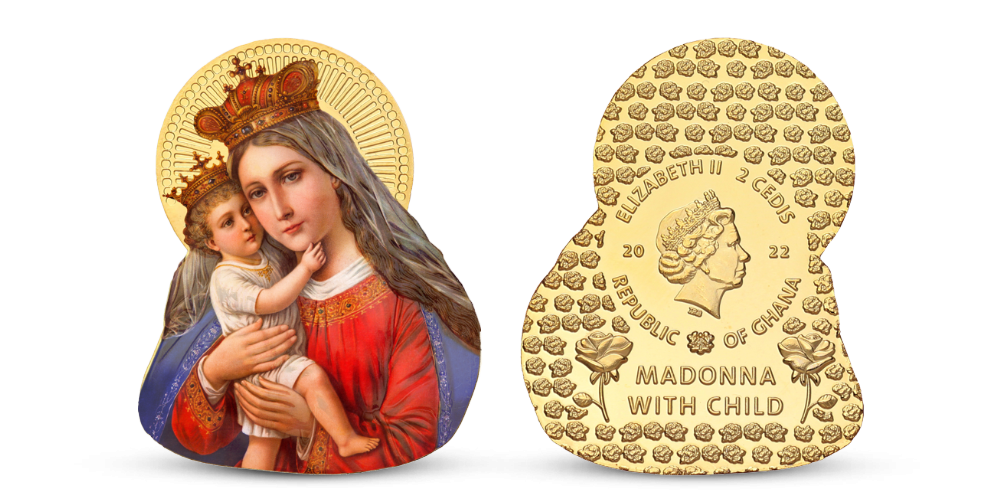 Vánoční mince Madonna s dítětem zušlechtěná ryzím zlatem