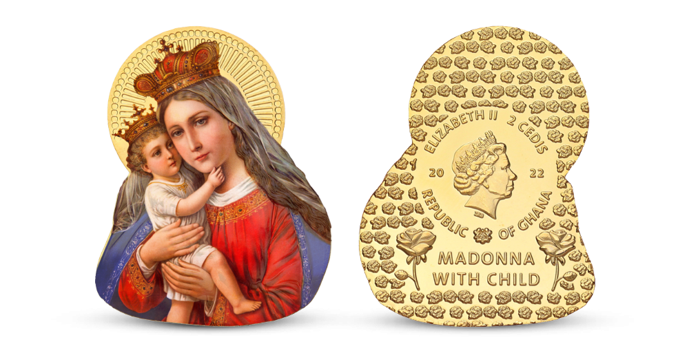 Vánoční mince Madonna s dítětem zušlechtěná ryzím zlatem Vánoční mince Madonna s dítětem zušlechtěná ryzím zlatem