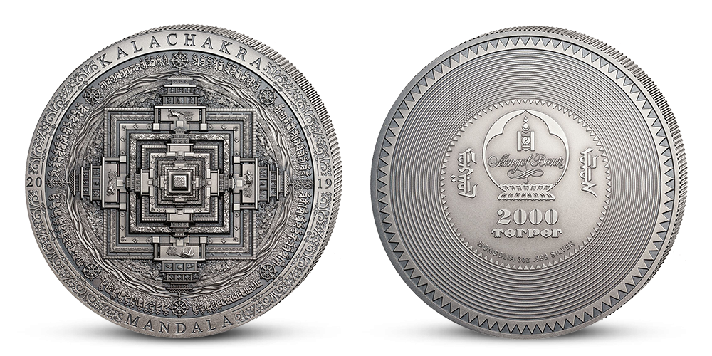 Mandala Kálačakra na minci z ryzího stříbra