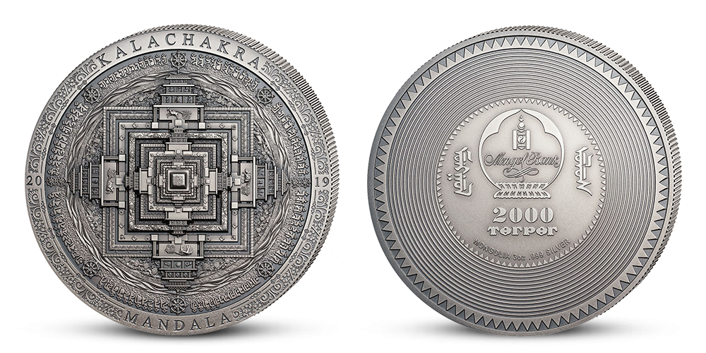 Mandala Kálačakra na minci z ryzího stříbra Mandala Kálačakra na minci z ryzího stříbra