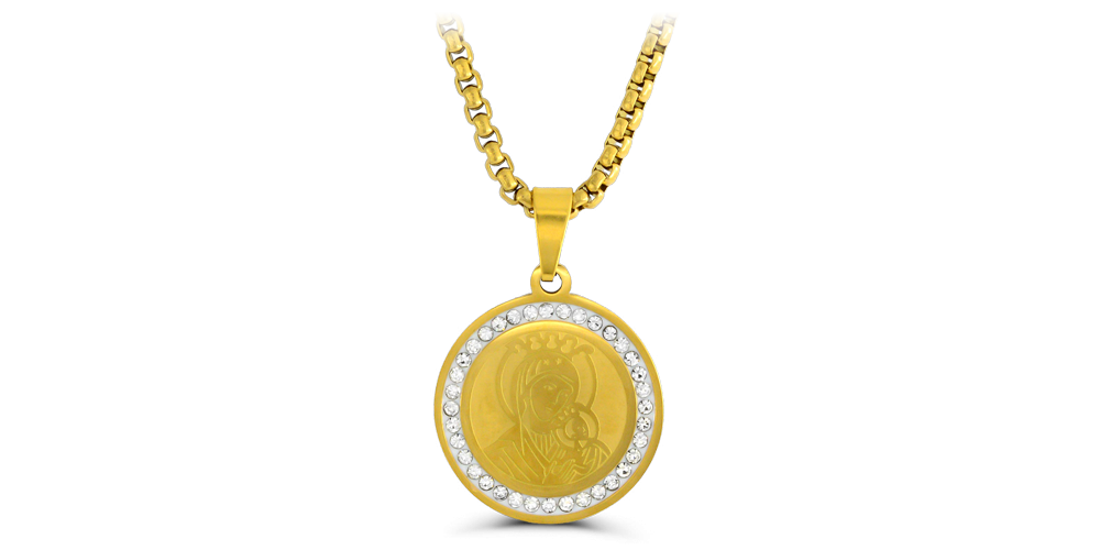 Panna Maria s dítětem na pozlaceném přívěsku s krystaly 