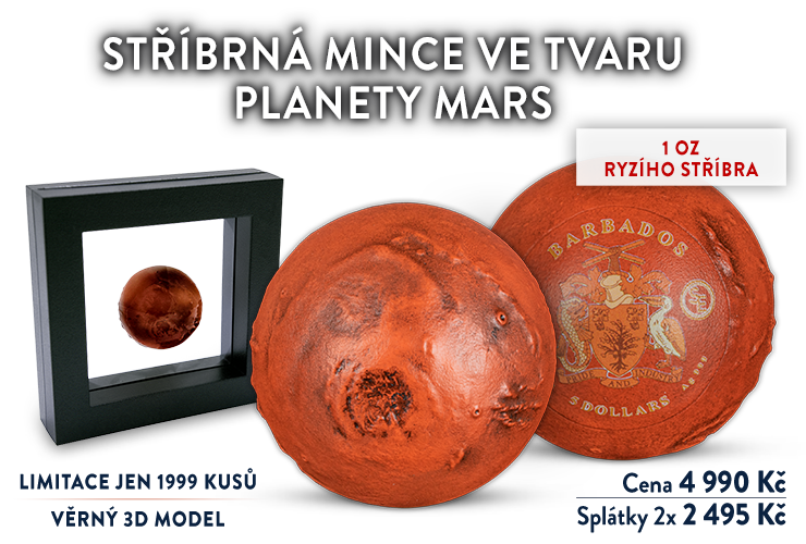 Stříbrná mince ve tvaru planety Mars