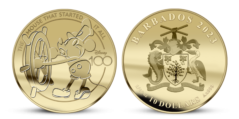 Mickey Mouse na minci z 1/10 unce ryzího zlata 
