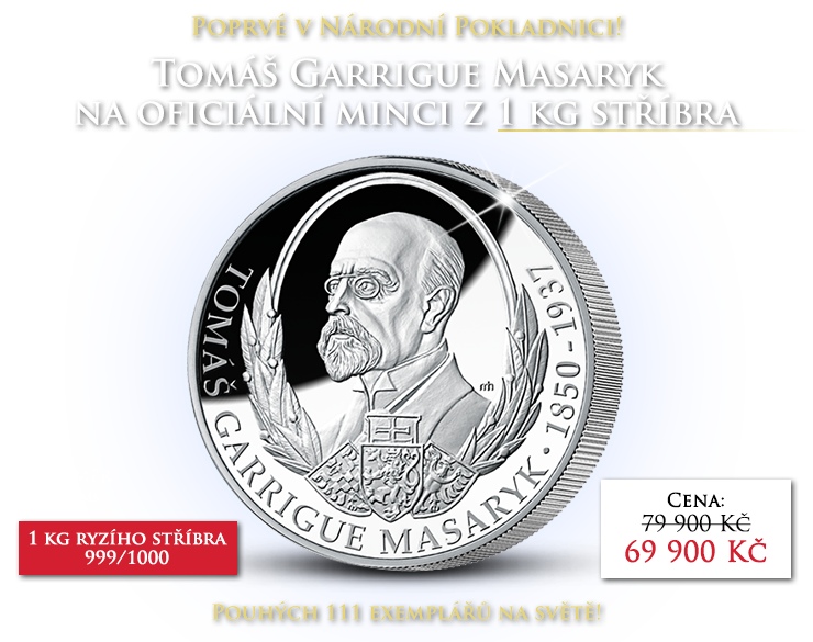 Tomáš Garrigue Masaryk na oficiální minci z 1 kg stříbra
