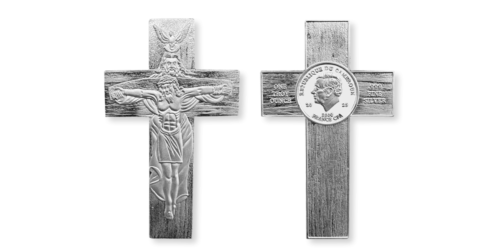 Kříž Nejsvětější Trojice, mince ve tvaru kříže z 1 oz ryzího stříbra