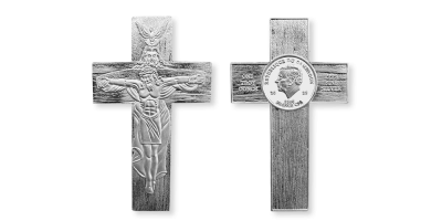 Kříž Nejsvětější Trojice, mince ve tvaru kříže z 1 oz ryzího stříbra 
