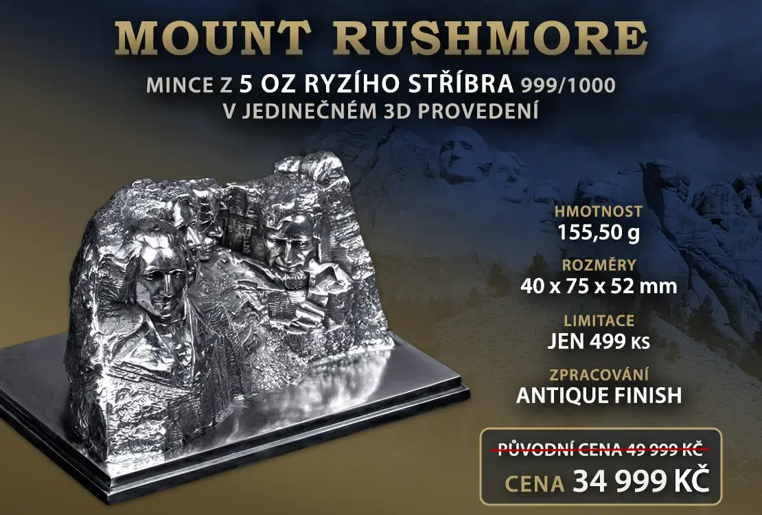 Stř&iacute;brn&aacute; mince Mount Rushmore s trojrozměrn&yacute;m reli&eacute;fem