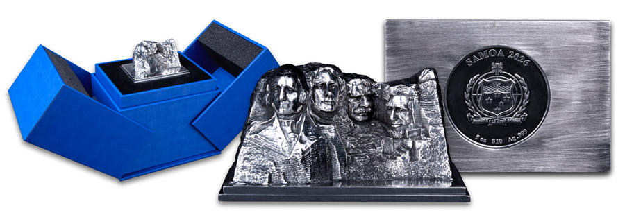 Mount Rushmore - Mince z 5 oz ryzího stříbra 999/1000 v jedinečném 3D provedení Mount Rushmore - Mince z 5 oz ryzího stříbra 999/1000 v jedinečném 3D provedení