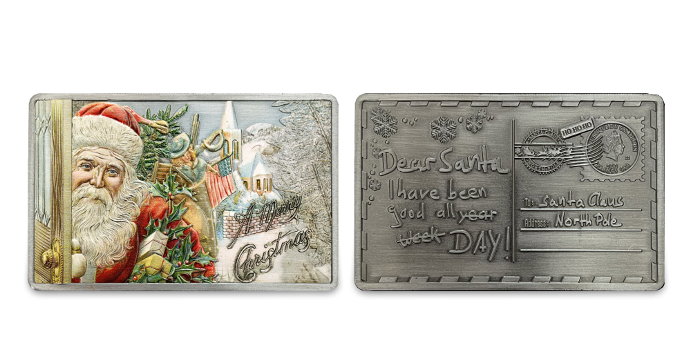 Santova vánoční mince ve tvaru pohlednice zušlechtěna ryzím stříbrem