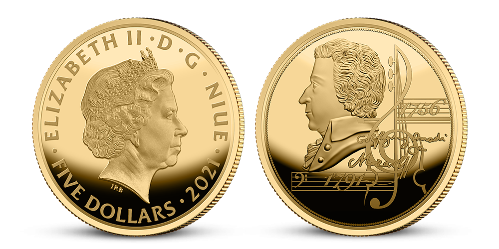 W. A. Mozart na minci z ryzího zlata