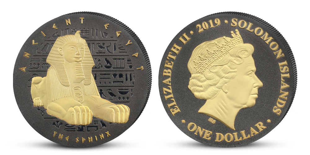 Sfinga na mincí zušlechtěné černým niklem a zlatem 999/1000
