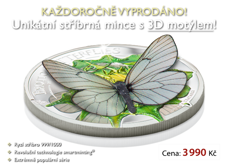 Unikátní stříbrná mince s 3D motýlem 