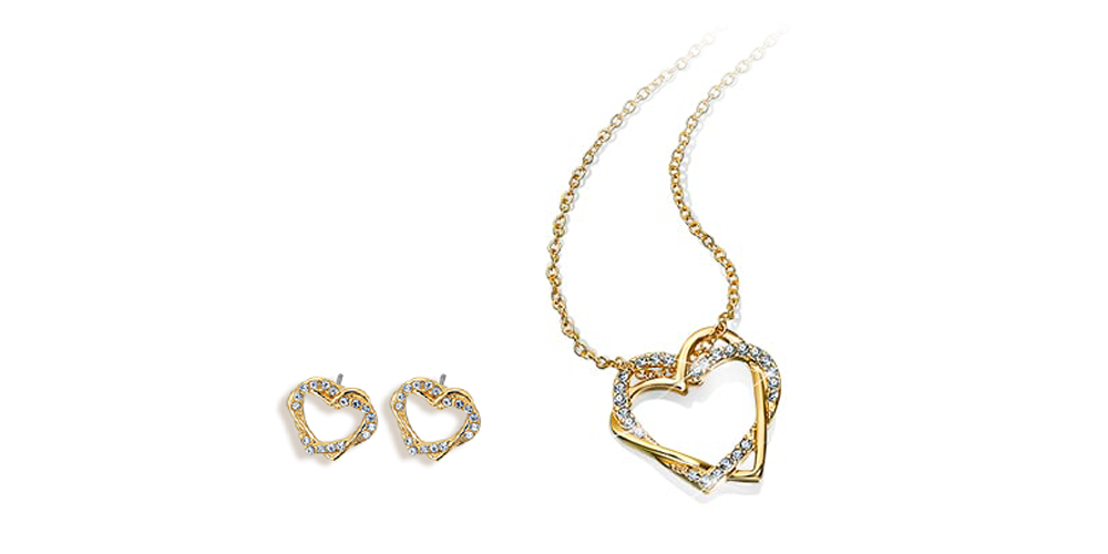 Pozlacený náhrdelník ve tvaru dvojitého srdce s krystaly Swarovski Pozlacený náhrdelník ve tvaru dvojitého srdce s krystaly Swarovski