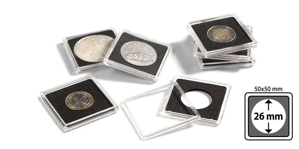 Numismatické Kapsle Quadrum 50 x 50 x 6,25 mm pro průměr mince 26 mm 