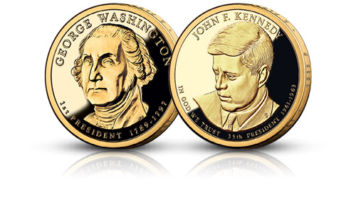 Prezidentské dolary G. Washington a J. F. Kennedy zušlechtěné ryzím zlatem