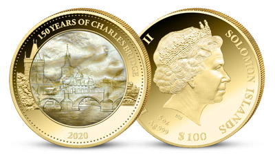 Karlův most na minci z ryzího zlata s perletí
