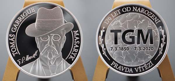 Stříbrná medaile Tomáš Garrigue Masaryk vyražená přesně v den 170. výročí narození