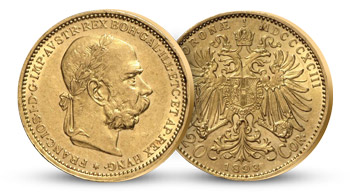 Historický originál jediné zlaté dvacetikoruny Františka Josefa I. s vavřínovým věncem