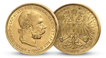 Historický originál jediné zlaté dvacetikoruny Františka Josefa I. s vavřínovým věncem Historický originál jediné zlaté dvacetikoruny Františka Josefa I. s vavřínovým věncem