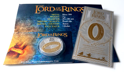 Sada Pán prstenů - oficiální pamětní mince a stříbrná knižní záložka