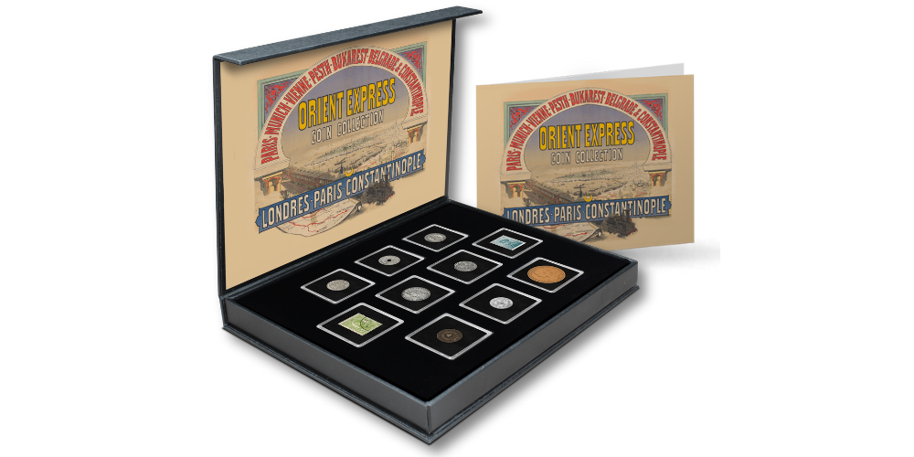 Kazeta s mincemi a poštovními známkami společně s Certifikátem autentičnosti - sada Orient Express
