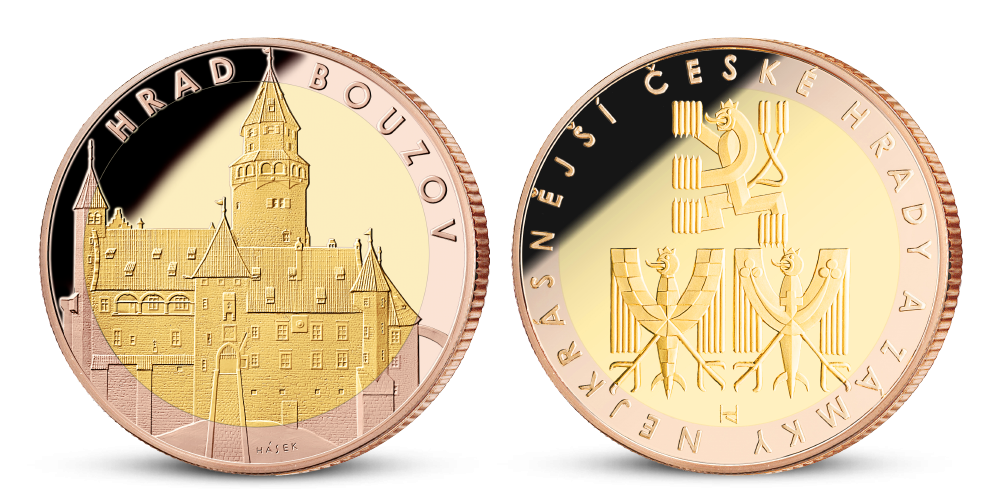 Pamětní medaile Bouzov zušlechtěná růžovým a žlutým zlatem Pamětní medaile Bouzov zušlechtěná růžovým a žlutým zlatem