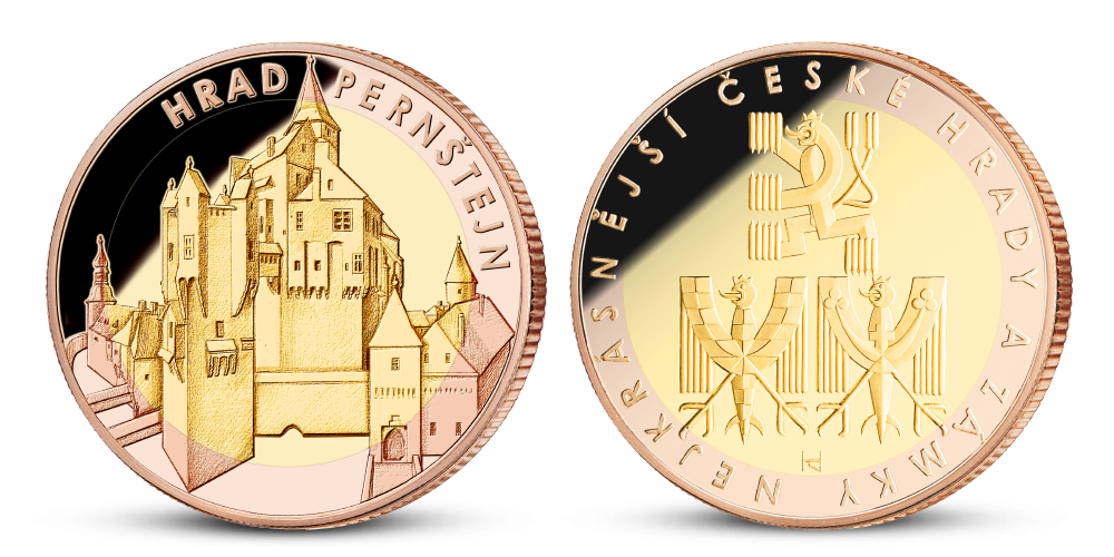 Pamětní medaile Pernštejn zušlechtěná růžovým a žlutým zlatem Pamětní medaile Pernštejn zušlechtěná růžovým a žlutým zlatem