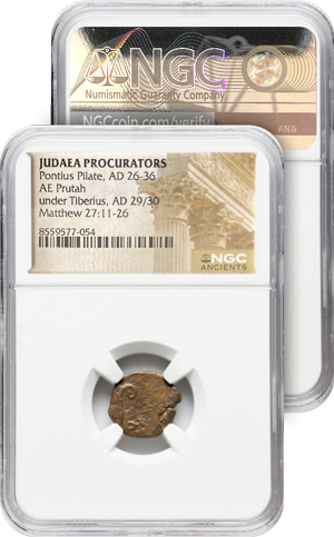 Autentická historická mince Piláta Pontského v certifikovaném balení NGC Autentická historická mince Piláta Pontského v certifikovaném balení NGC