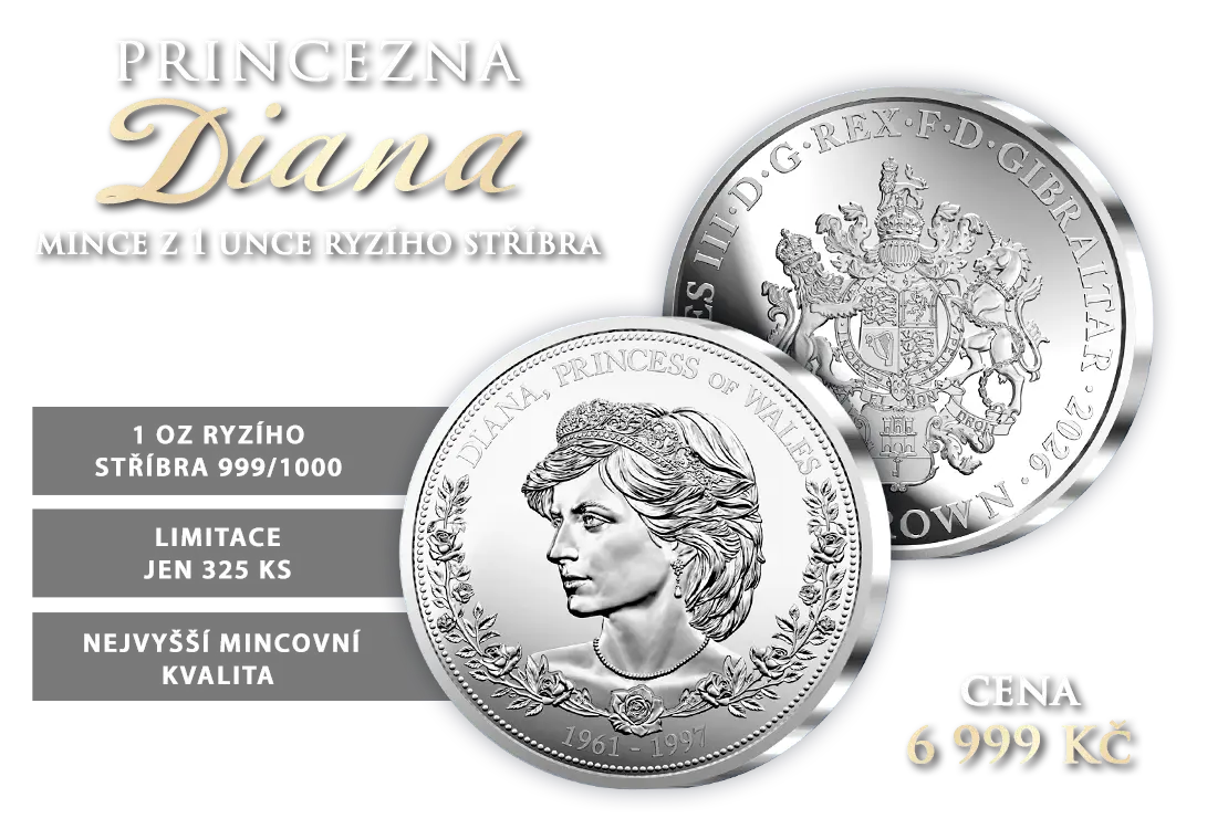 Pamětn&iacute; mince Princezna Diana z ryz&iacute;ho stř&iacute;bra 999/1000