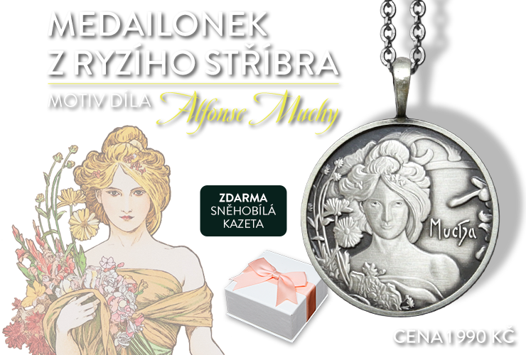 Medailonek z ryzího stříbra s motivy díla Alfonse Muchy 